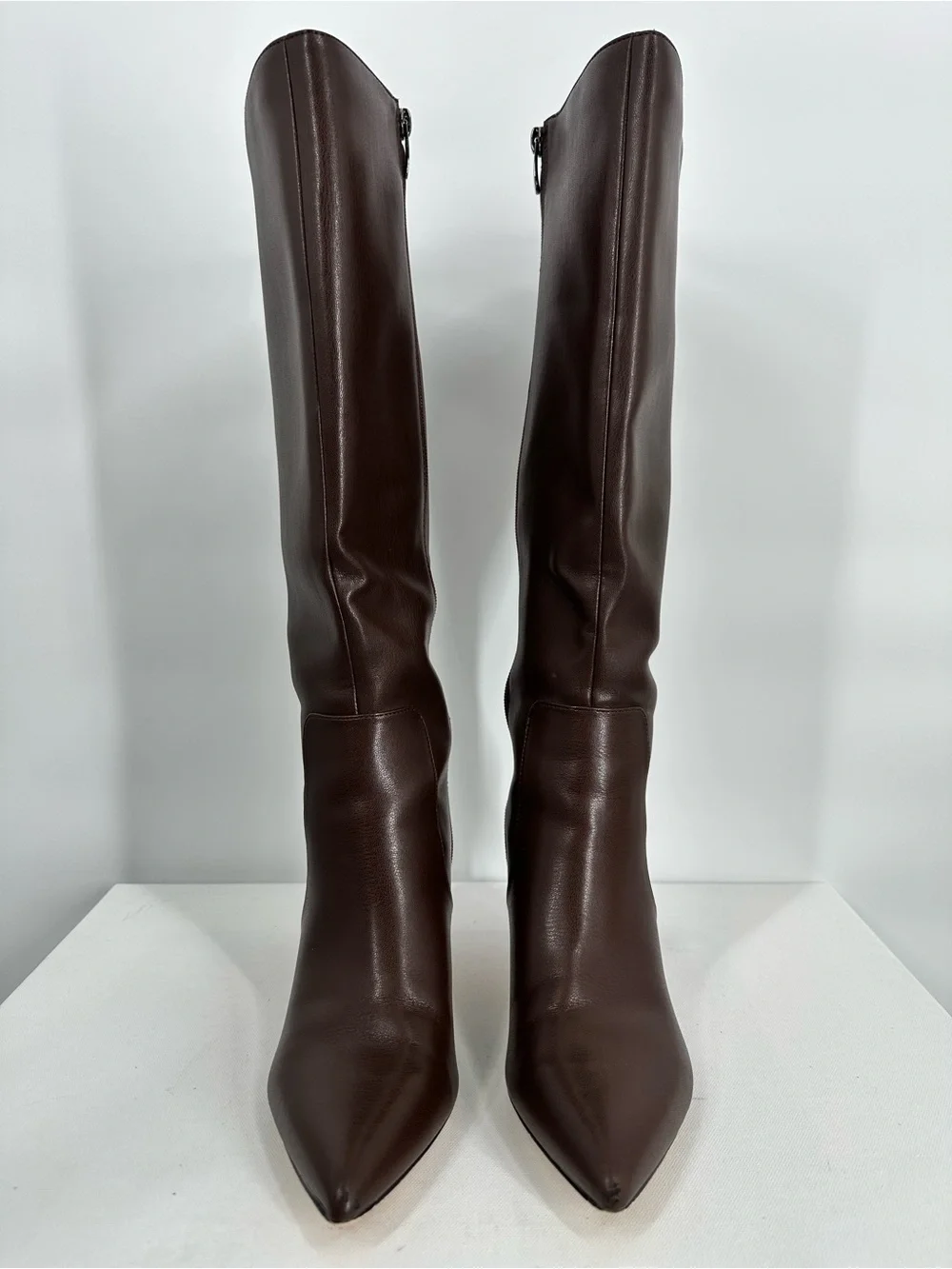 Women Faux Leather Chocolate Brown Pointed Knee High Boots Kitty Heels Size 6.5